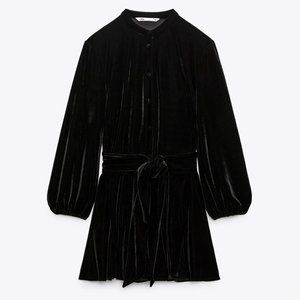ZARA BLACK VELVET LONG SLEEVE BELTED BUTTON DOWN DRESS $89.90